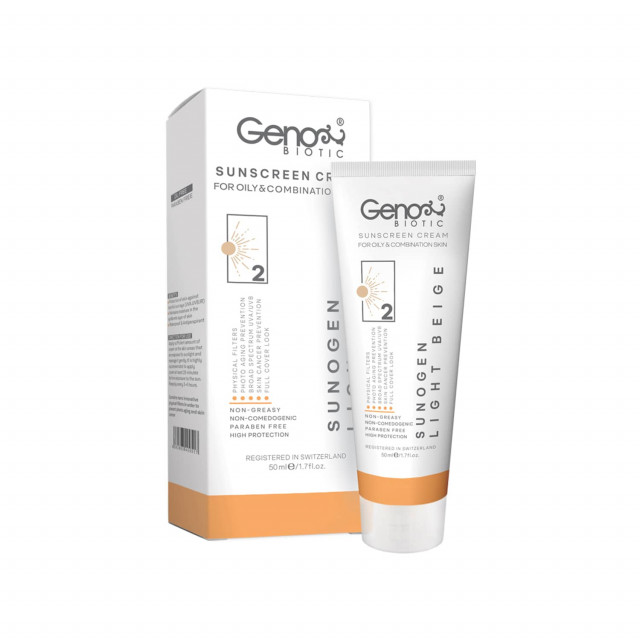 کرم ضد آفتاب رنگی سانوژن SPF50 مناسب پوست چرب و مختلط (بژ روشن) ژنوبایوتیک